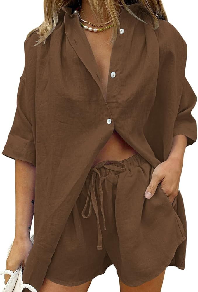 Viottiset Women's 2 Piece Outfits Summer Shorts Lounge Set Button Shirt Sweatsuits | Amazon (US)