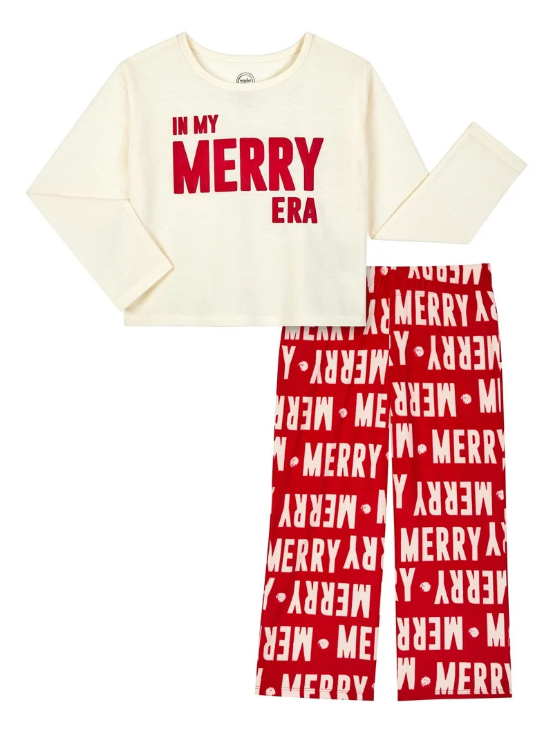 Wonder Nation Girls Long Sleeve Top and Wide Leg Pant Pajama Set, 2-Piece, Sizes 4-18 & Plus | Walmart (US)