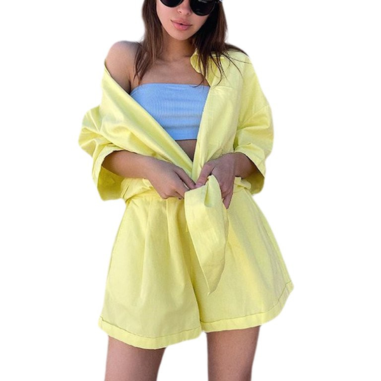 CenturyX Women Loose 2 Pieces Solid Set Outfit Button Down 3/4Short Sleeve Shirt and Loose High W... | Walmart (US)