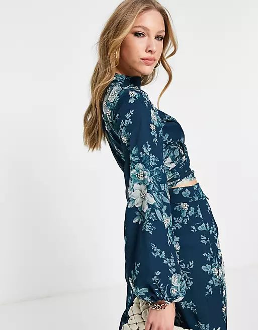 ASOS DESIGN high neck blouse with tie front in navy floral - part of a set | ASOS (Global)