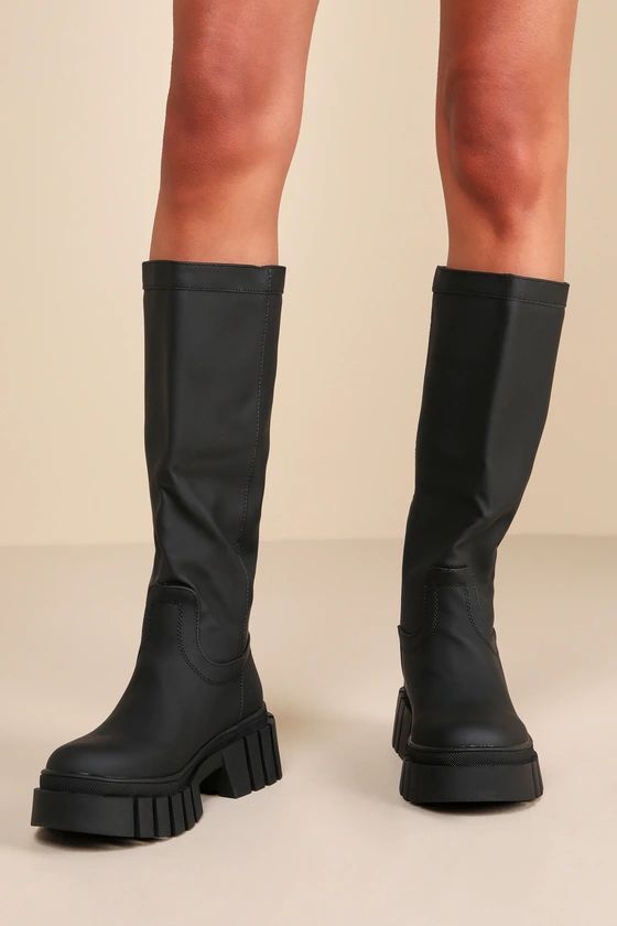 Jainna Black Platform Lug Sole Knee-High Boots | Lulus