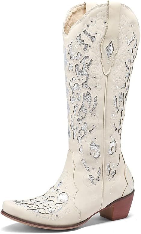 Tscoyuki Women's Rhinestones Western Knee High Boots, Embroidery Pointed Toe Chunky Block Heel Co... | Amazon (US)