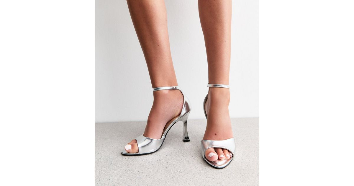 Silver Open Toe Faux Leather Heeled Sandals | New Look | New Look (UK)