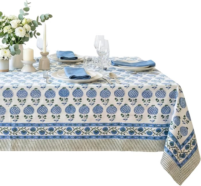 Roma Blue 100% Cotton Boho Rectangle Fall Tablecloth, Handblock Floral Print Table Cloth Linen fo... | Amazon (US)