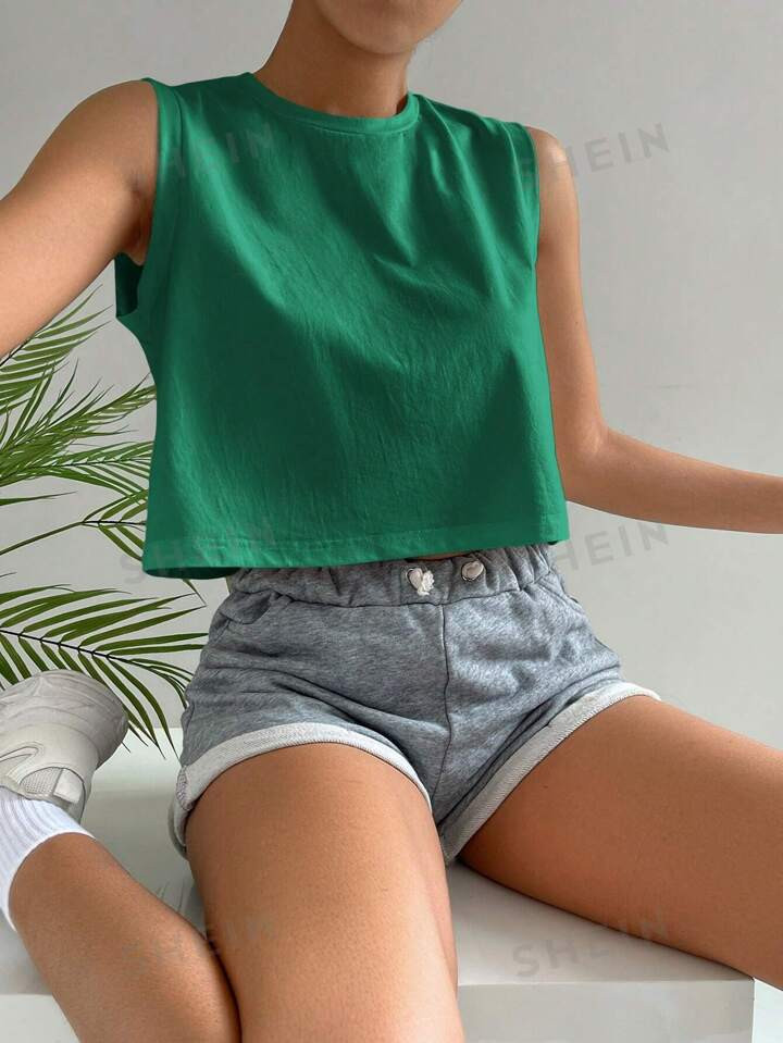 SHEIN Essnce Women's Round Neck Wide Shoulder Casual Cropped Tank Top | SHEIN