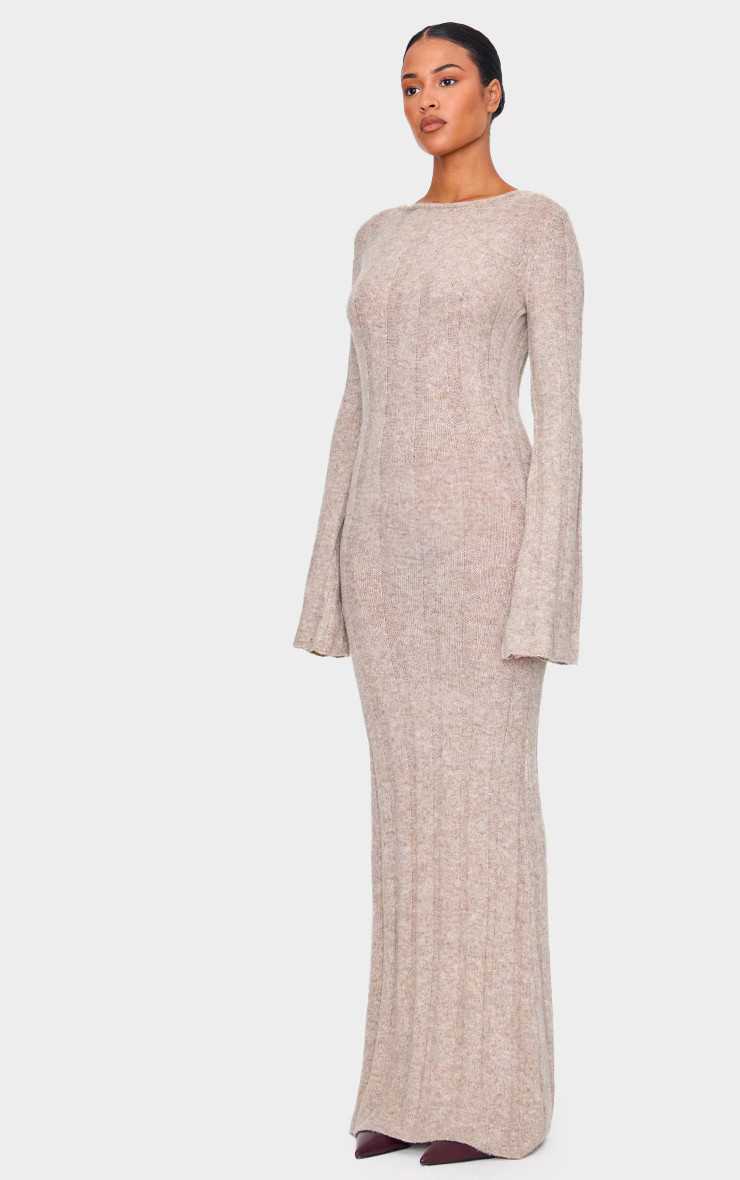 Tall Taupe Rib Knit Open Back Maxi Dress | Tall | PrettyLittleThing US