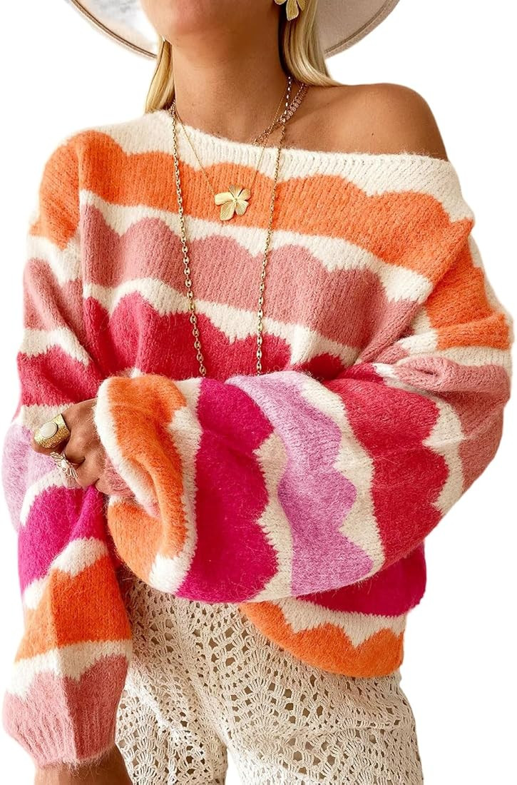 Urchics Womens Fall Long Sleeve Knit Sweater Oversized Drop Shoulder Striped Color Block Winter P... | Amazon (US)