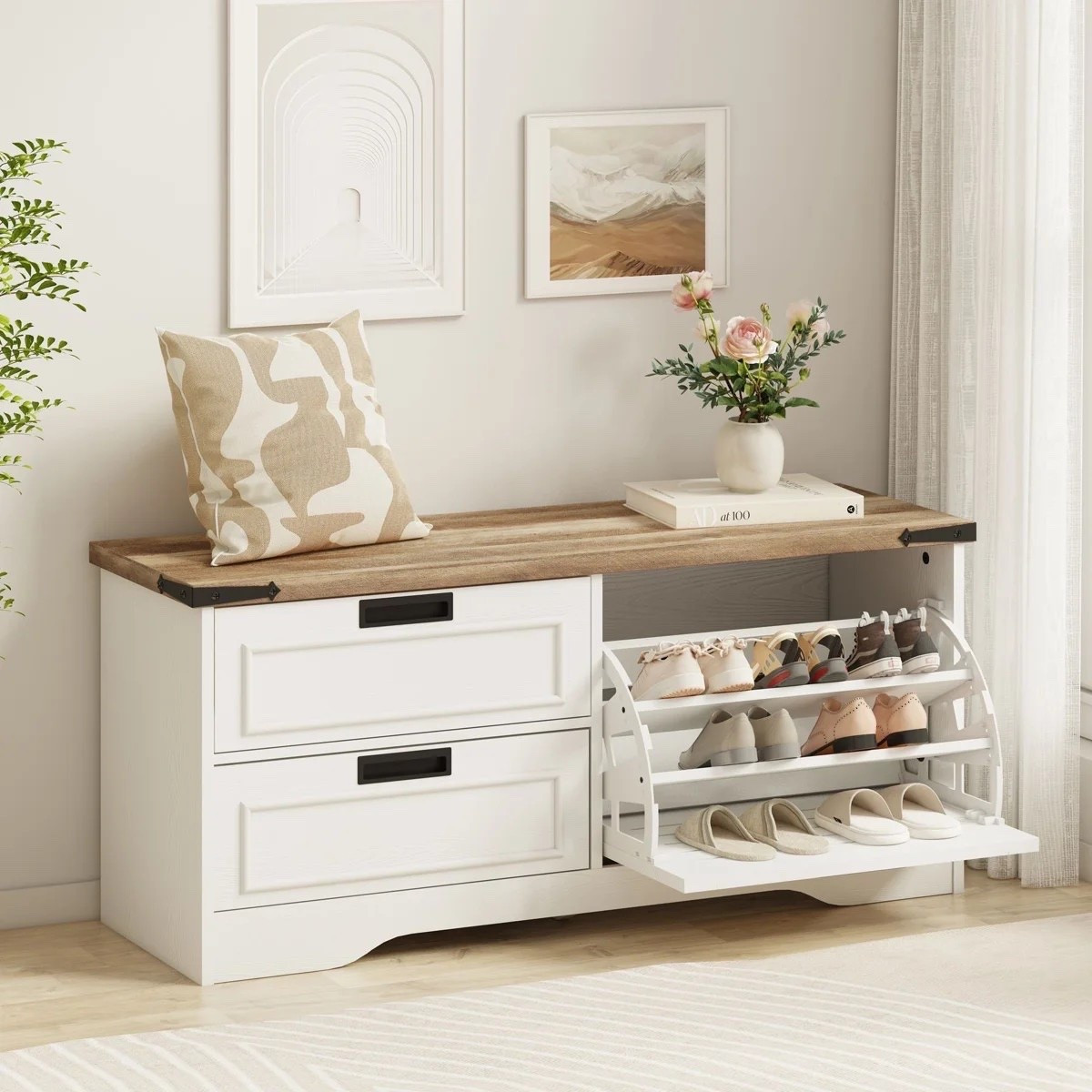 The Guinna Farmhouse Entryway Bench combines practical shoe storage with classic farmhouse charm. With its wood construction, flip drawer, and hidden shoe storage, it’s a stylish way to keep an entryway, hallway, or living space organized while adding a comfortable spot to sit. ON SALE and under $200.

Ideas:

* farmhouse entryway
* shoe storage bench
* entryway organization
* farmhouse home décor
* small space storage

Keywords:

* entryway bench
* shoe storage bench
* farmhouse bench
* shoe cabinet
* shoe organizer
* entryway storage
* hidden shoe storage
* storage bench
* farmhouse entryway
* hallway furniture
* mudroom storage
* small space furniture
* home organization
* farmhouse décor
* entryway décor

#LTKSaleAlert #LTKHome #LTKSeasonal