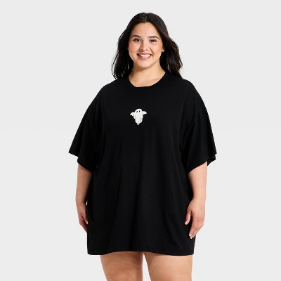 Women's Embroidered Halloween Oversized T-Shirt Sleep Dress - Hyde and EEK! Boutique™ Black 3X | Target