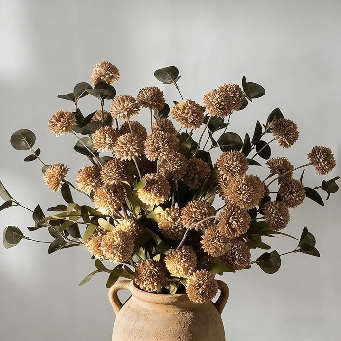 LESING 10pcs Long Stem Artificial Flowers with Eucalyptus, Fake Silk Tall Chrysanthemums Ball Flo... | Amazon (US)