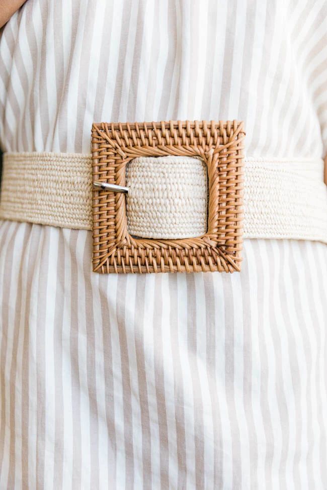 CAITLIN COVINGTON X PINK LILY The Winnie Square Buckle Rattan Beige Belt | The Pink Lily Boutique