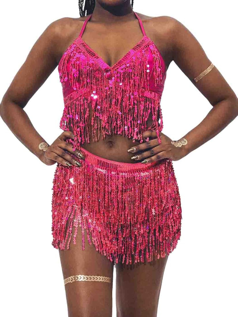 KAKACO Belly Dance Skirt with Crop Top Sequins Fringe Skirts Set Rave Dance Bra Top Party Costume... | Amazon (US)