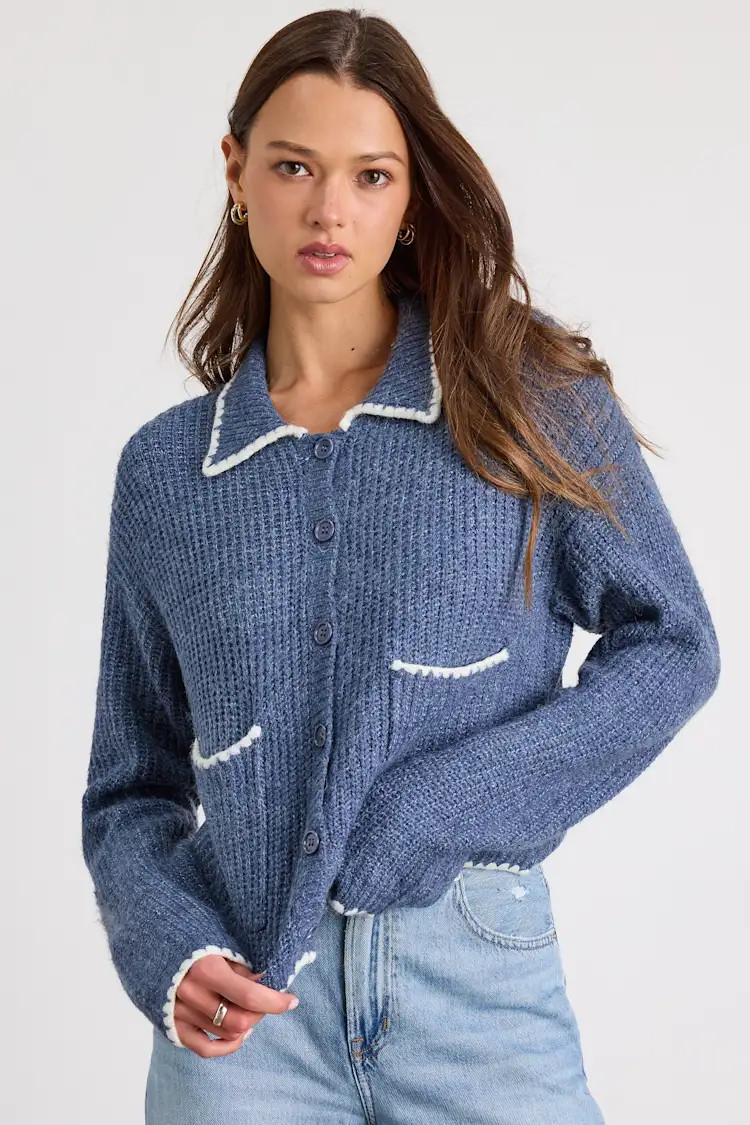 Marsia Dusty Blue Marled Whipstitched Cardigan Sweater | Lulus