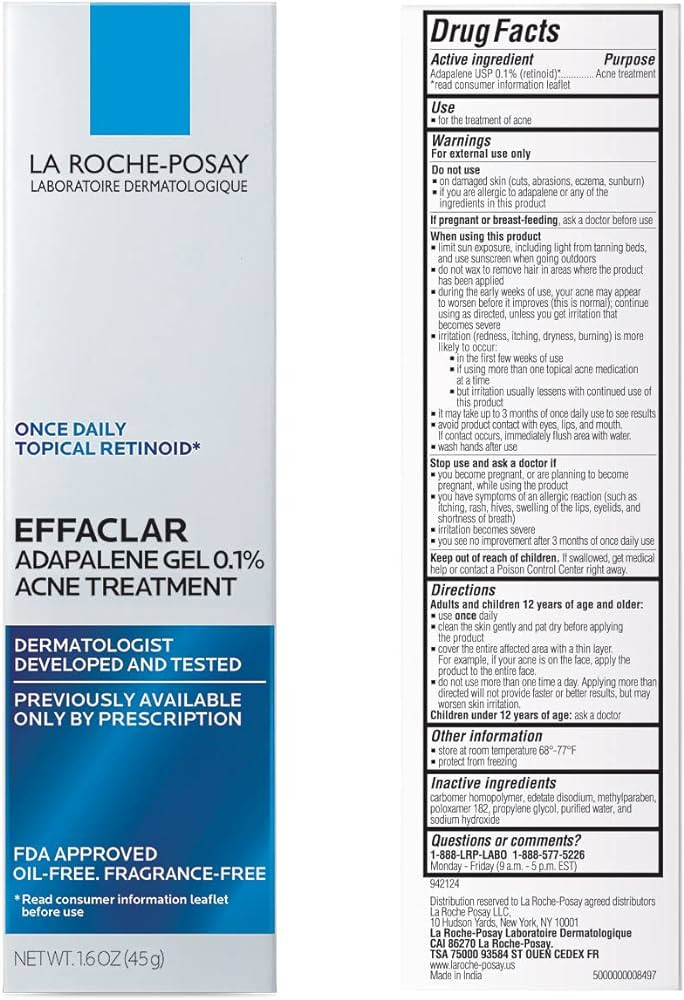La Roche-Posay Effaclar Adapalene Gel 0.1% Acne Treatment, Retinoid Cream, Acne Medication Gel Fo... | Amazon (US)