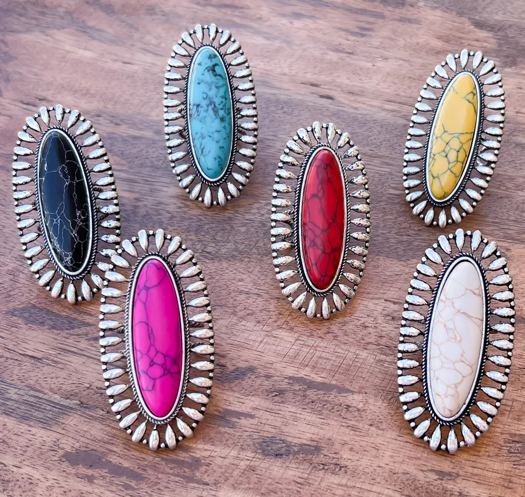 Western Stone and Silver Oval Statement Ring Adjustable Big Southwestern Ring Punchy Western Jewe... | Etsy (US)