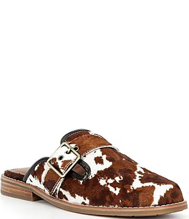 Donald Pliner Sabel Cow Print Haircalf Buckle Hardware Mules - 6 | Dillard's
