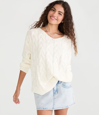 Slouchy Cable Knit V-Neck Sweater | Aeropostale