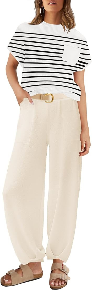 ZESICA Women's 2 Piece Outfits Sweater Set Short Sleeve Mock Neck Knit Pullover Top High Waist Pa... | Amazon (US)