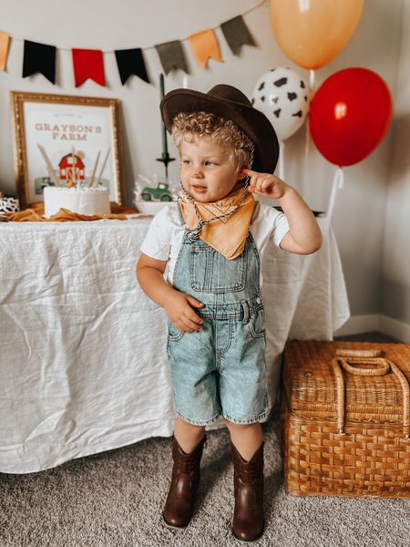 three-ieio party outfit / farmer / overalls / shortfalls / farmer boy / cowboy / cowboy hat / toddler outfit / toddler cowboy hat 

#LTKfamily #LTKstyletip #LTKkids