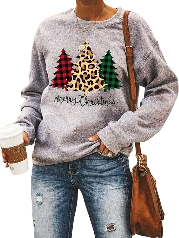 Merry Christmas Sweatshirt Women Christmas Tree Graphic Shirt Leopard Printed Xmas Holiday Long Slee | Amazon (US)