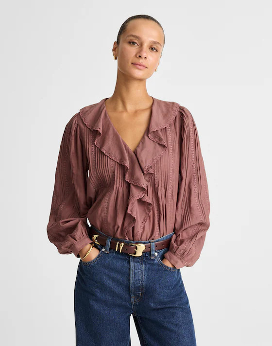 Lace-Insert Ruffled Pintuck Long-Sleeve Top | Madewell