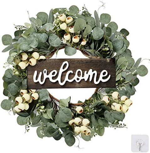 Sggvecsy Green Eucalyptus Wreath with Welcome Sign 20in Artificial Eucalyptus Wreath Spring Summe... | Amazon (US)