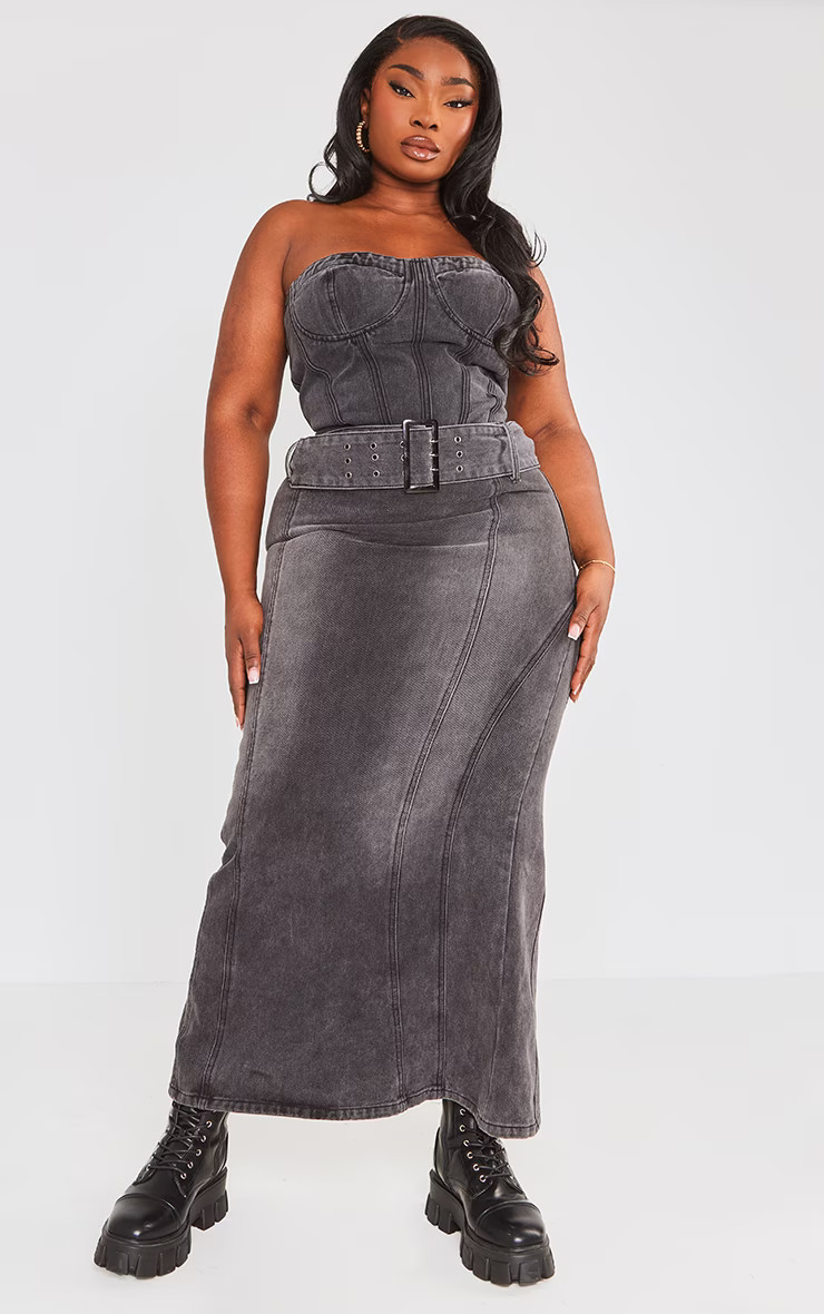 Plus Washed Black Buckle Seam Detail Denim Maxi Skirt | PrettyLittleThing UK