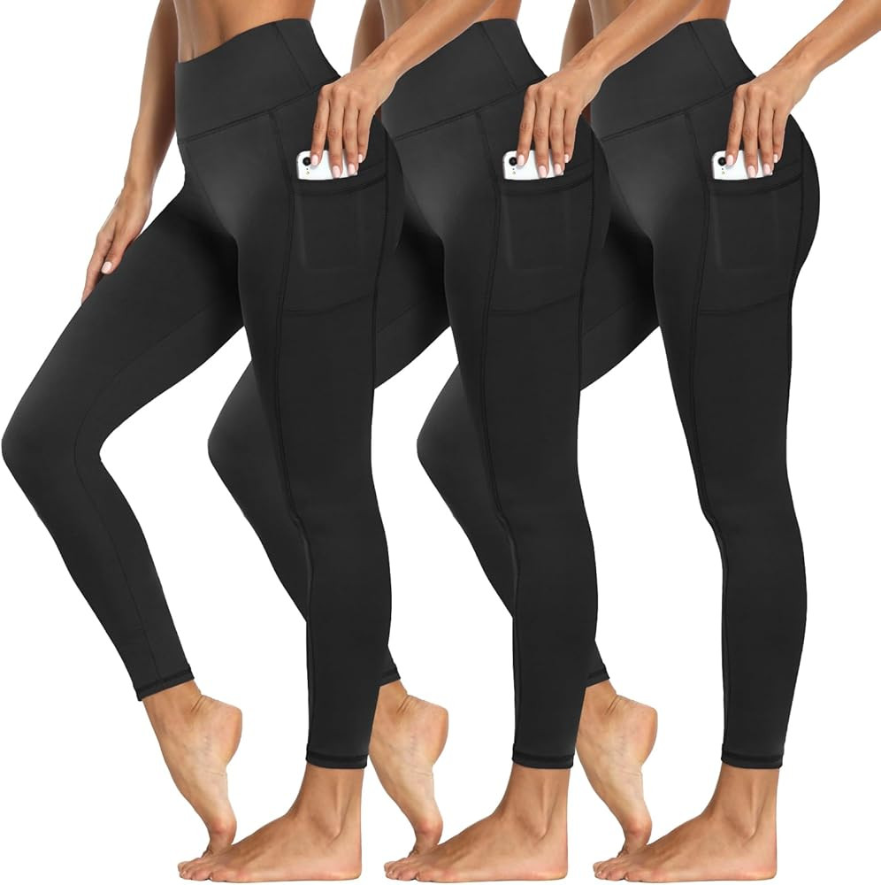 3 Packs Leggings with Pockets for Women, Soft High Waisted Tummy Control Workout Yoga Pants | Amazon (US)