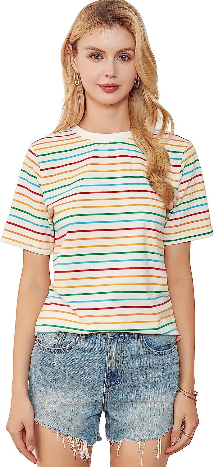 VEIISAR Womens Crew Neck T Shirt Colorful Stripes Tee Tops | Amazon (US)