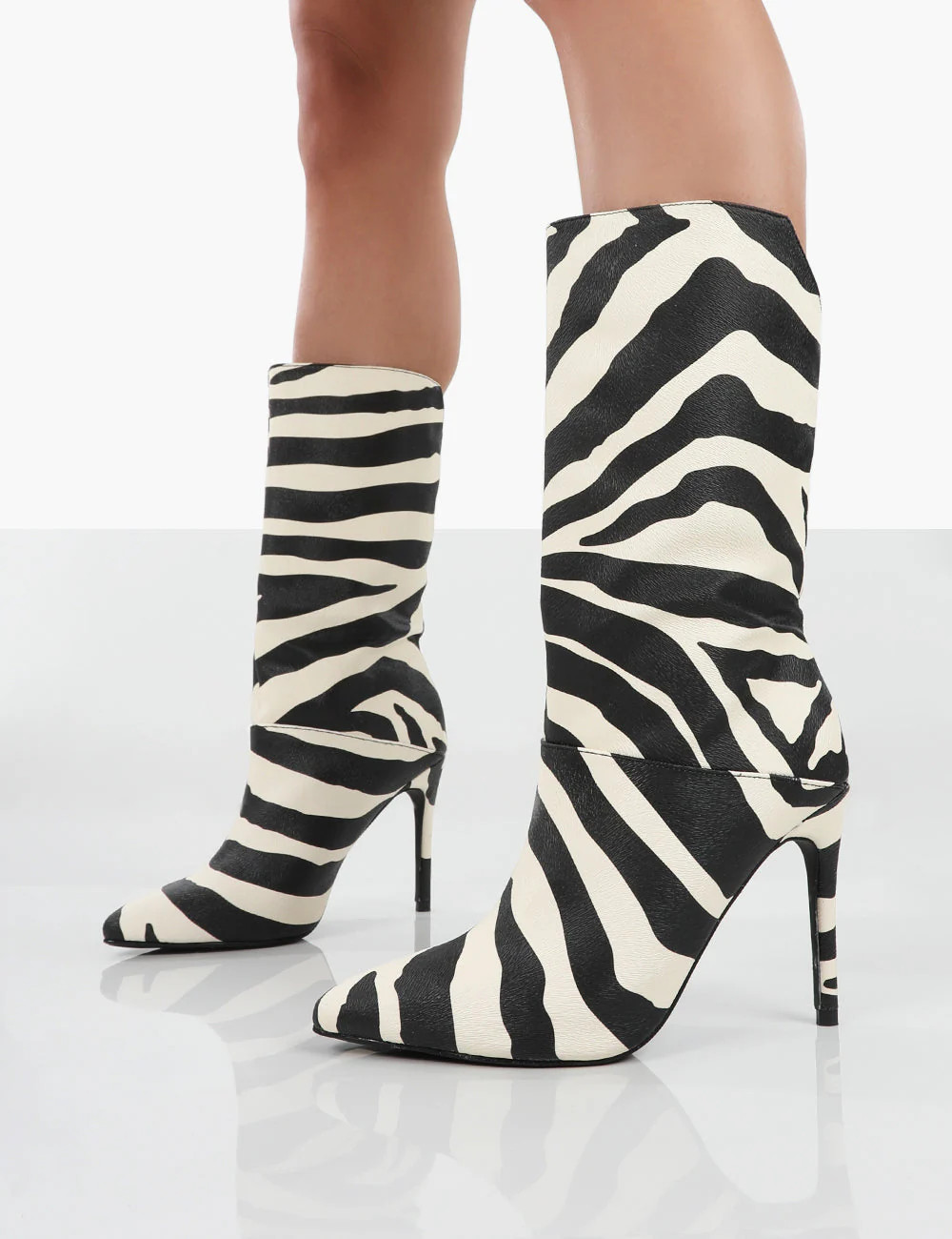 Lisel Zebra PU Pointed Toe Heeled Ankle Boots | Public Desire (US & CA)