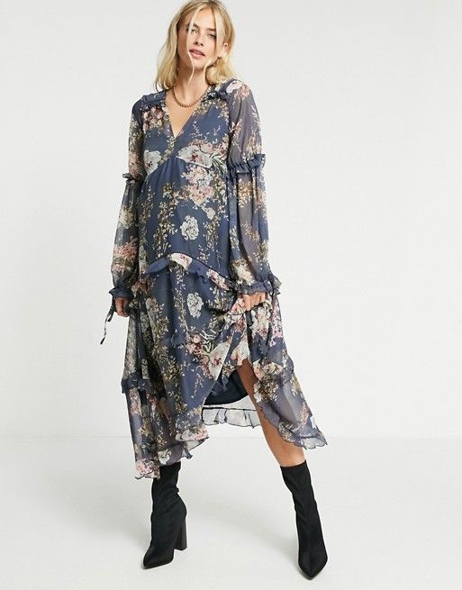 ASOS DESIGN Maternity ruched tiered midi dress in navy floral print with lace trim | ASOS (Global)