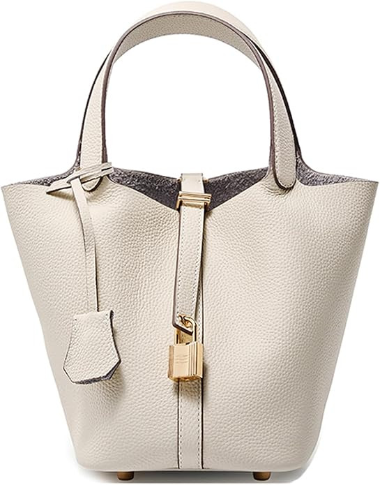 Genuine Leather Bucket Bag for Women Stylish Lock Design Small Satchel Purses Handbags Daily Casu... | Amazon (US)