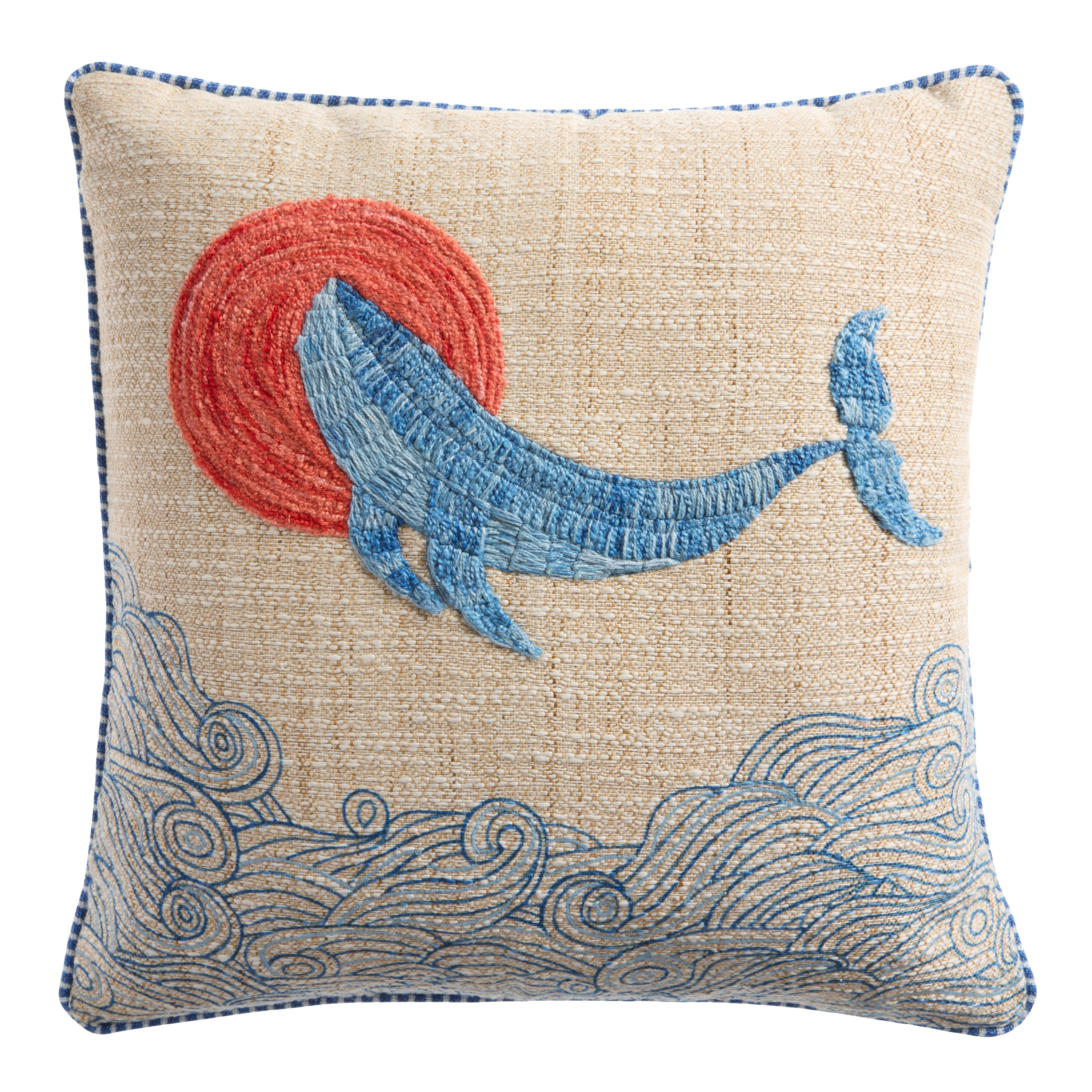 Blue Wave Whale Embroidered Indoor Outdoor Throw Pillow | World Market