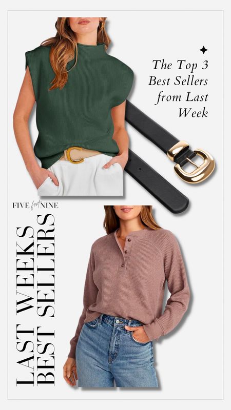 Amazon sweater vest, Henley long sleeve, gold/black belt 

#LTKfindsunder50