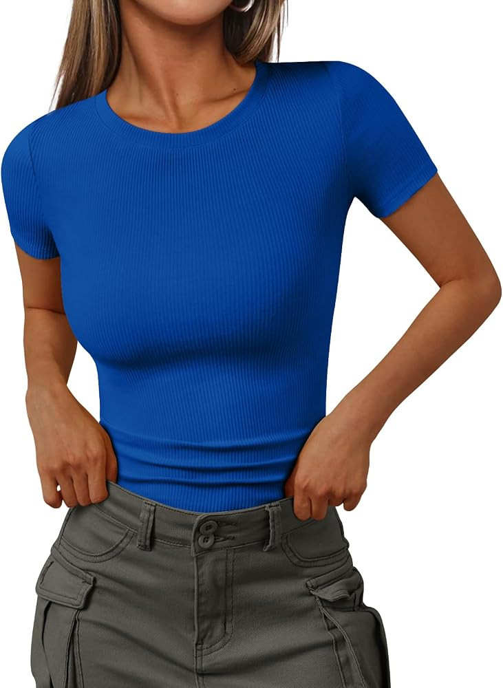 Trendy Queen Women's Crewneck Ribbed Knit Fitted T-Shirt | Amazon (US)