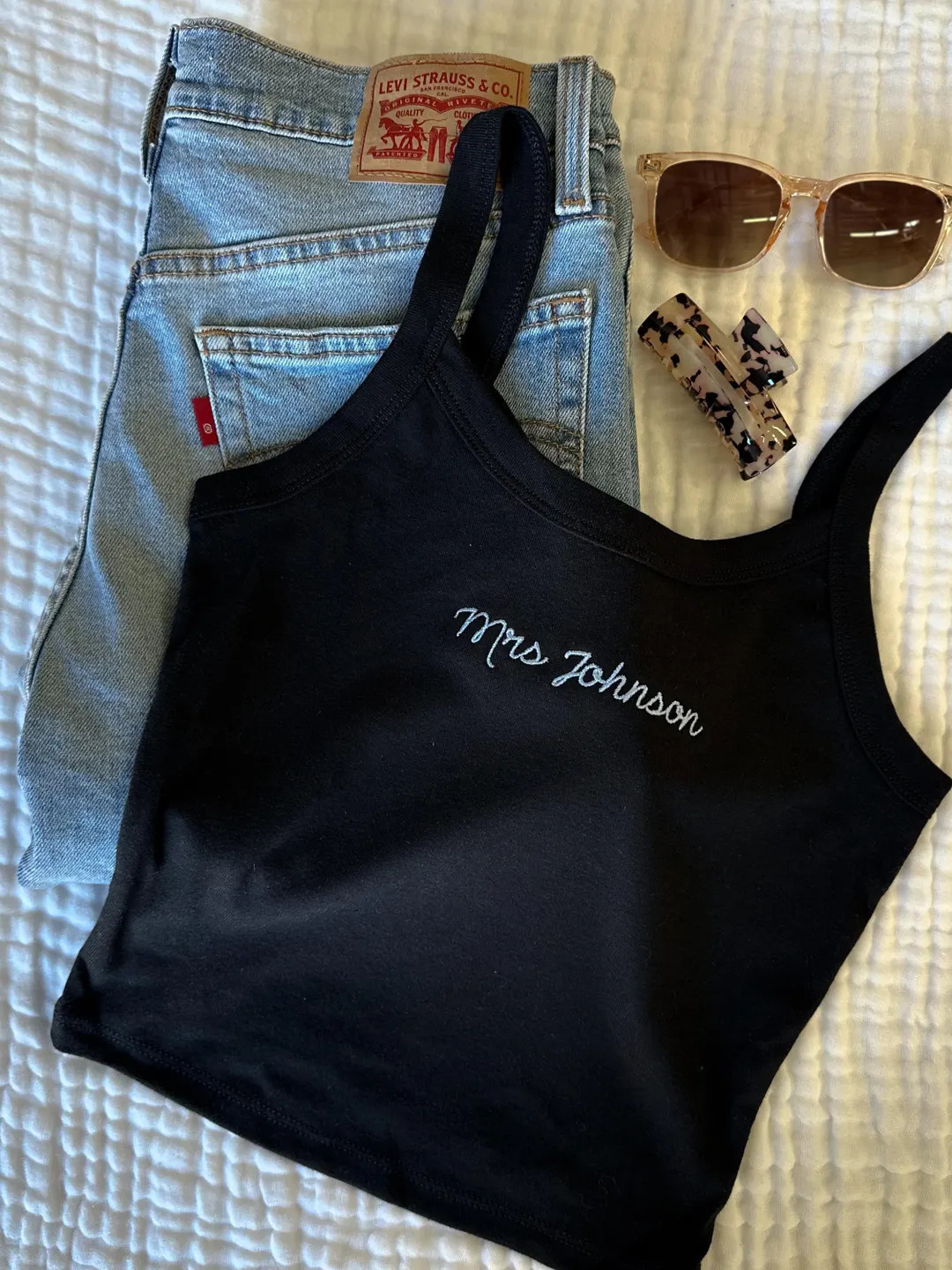 Embroidered Spaghetti Strap Baby Tee Tank Top - Personalized Womens Cropped Ribbed Baby Tee - Cus... | Etsy (US)