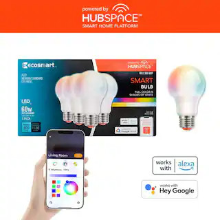 EcoSmart 60-Watt Equivalent Smart A19 Color Changing CEC LED Light Bulb with Voice Control (4-Bul... | The Home Depot