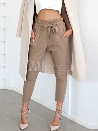Paper Bag Pants Women Grey Drawstring Cropped Pants | Milanoo