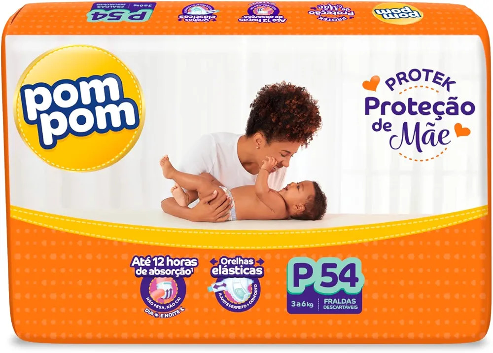 Pom Pom Derma Protek - Fraldas Descartáveis, Tamanho P (3 a 6 kg), 54 Unidades | Amazon (BR)
