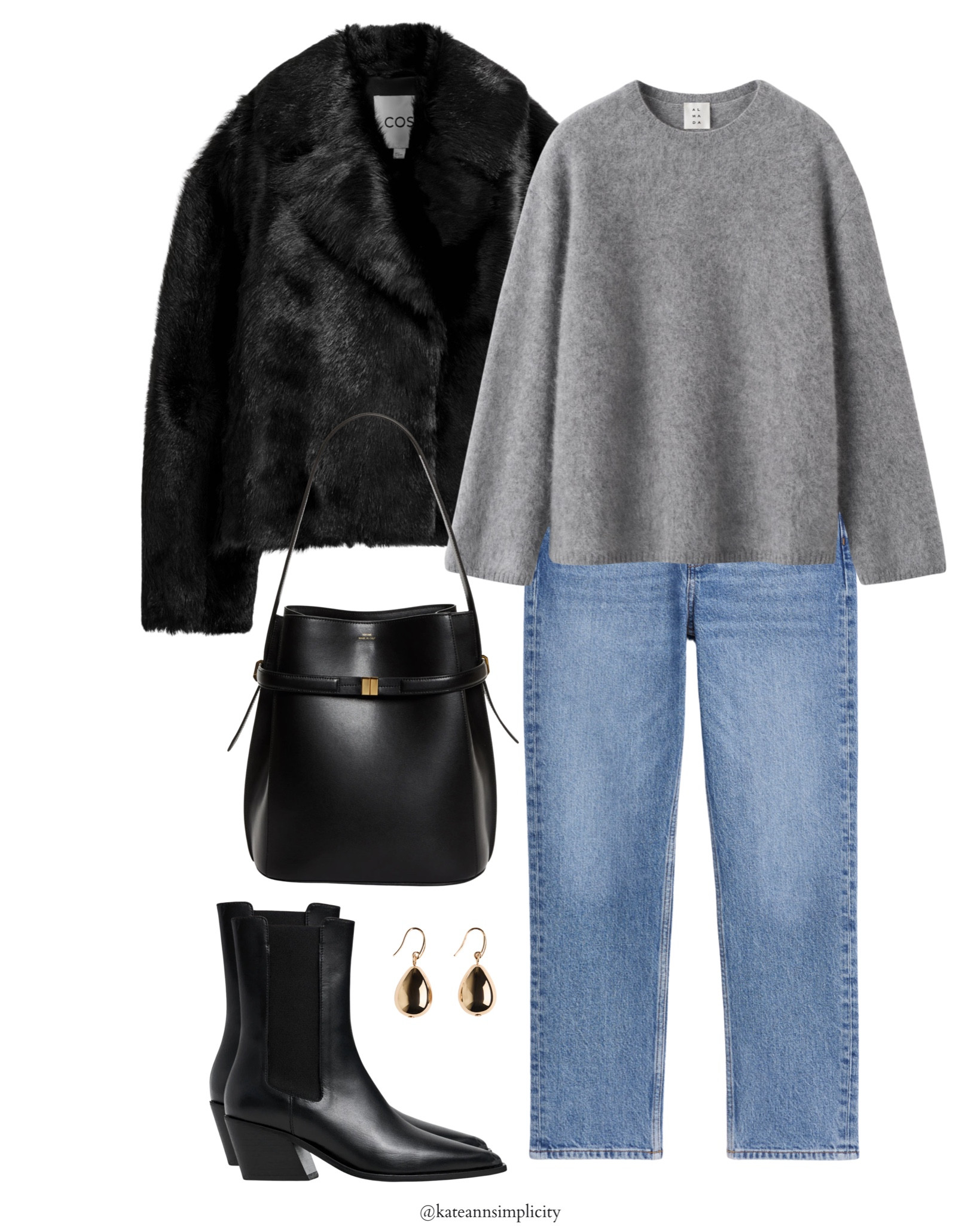 Minimalist winter chic: cosy grey knit, straight-leg denim, a sleek faux-fur jacket, and sharp black leather accents. Effortless, clean and polished for everyday elegance.

Minimalist winter outfit with grey sweater, straight-leg jeans, black faux-fur jacket, leather ankle boots and structured black handbag. Timeless neutral look for cold-weather style inspiration.

#LTKGiftGuide #LTKselfcare #LTKMidsize