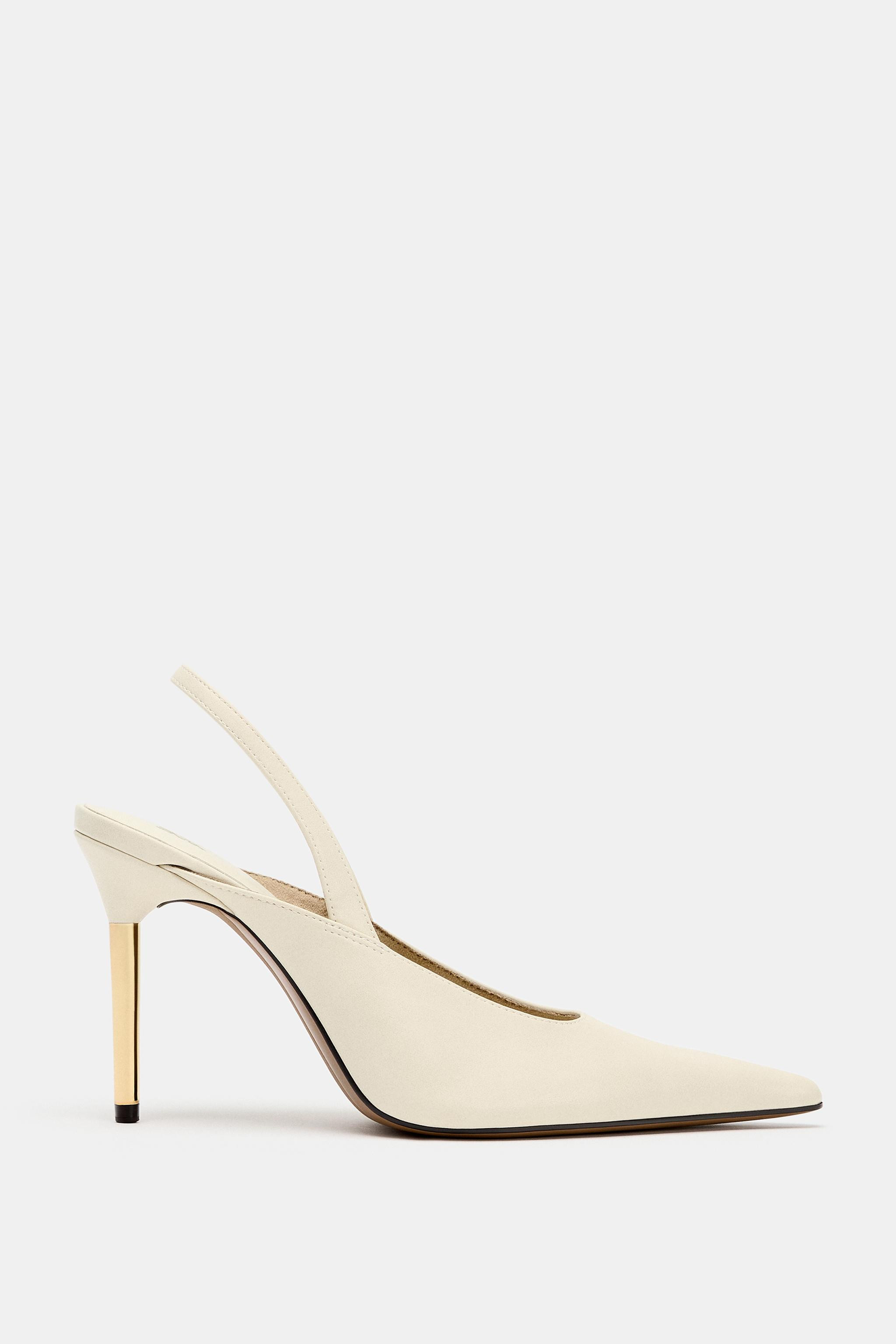 Slingback high heels. Featuring a back strap with elastic detailing on the side, a slim metallic ... | Zara US