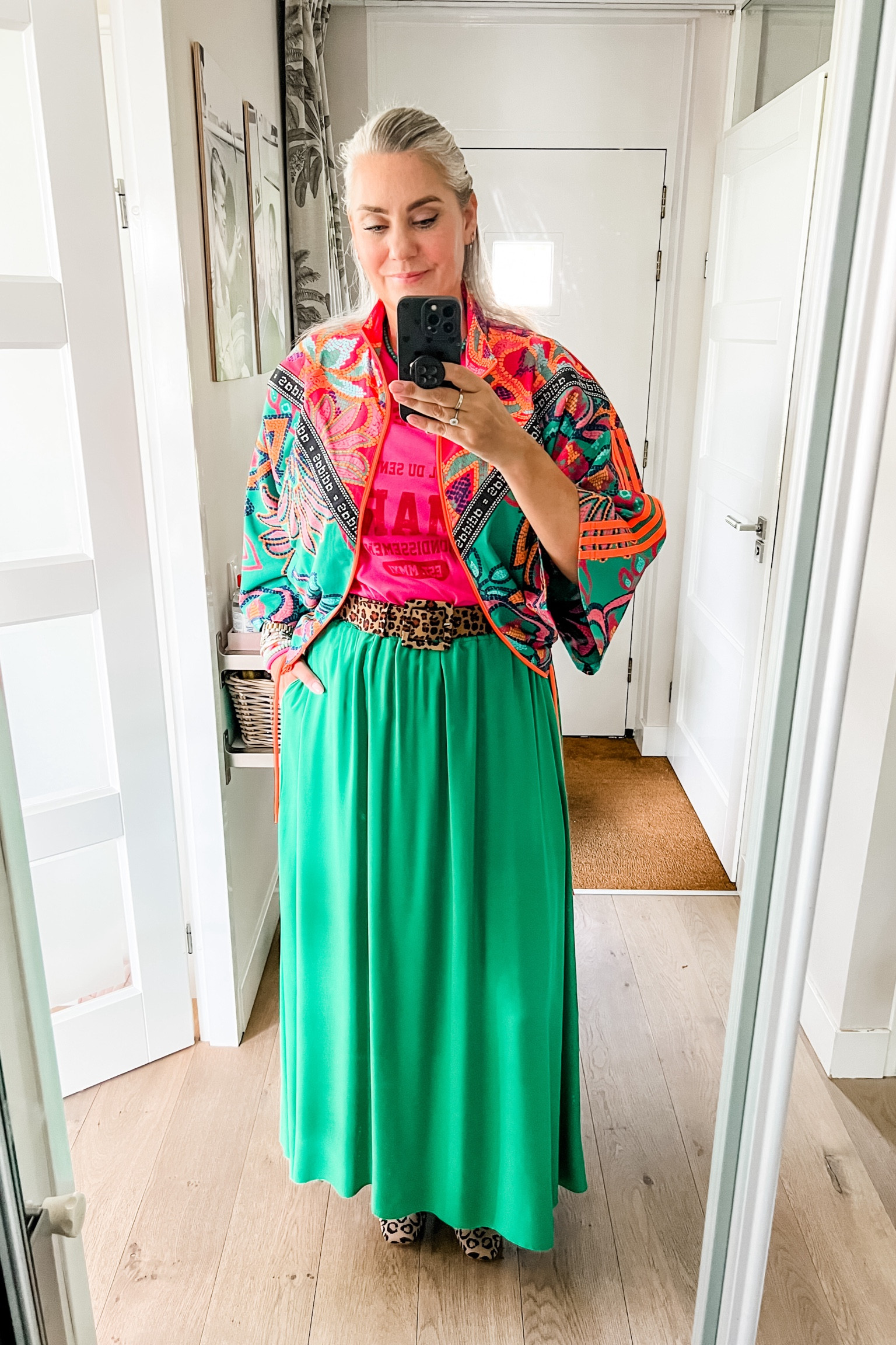 Ootd - Friday. Green maxi skirt (Hip & Go), pink t-shirt (My Jewellery), heart necklace, leopard belt, Adidas x Farm Rio jacket. Flower clip. Leopard ballerina shoes. 

#LTKmidsize #LTKstyletip #LTKeurope