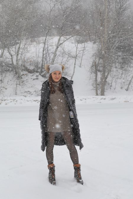 Winter outfit essentials:
- fleece tights
- sweater dress
- down jacket
- boots
- beanie 

#LTKstyletip #LTKSeasonal
