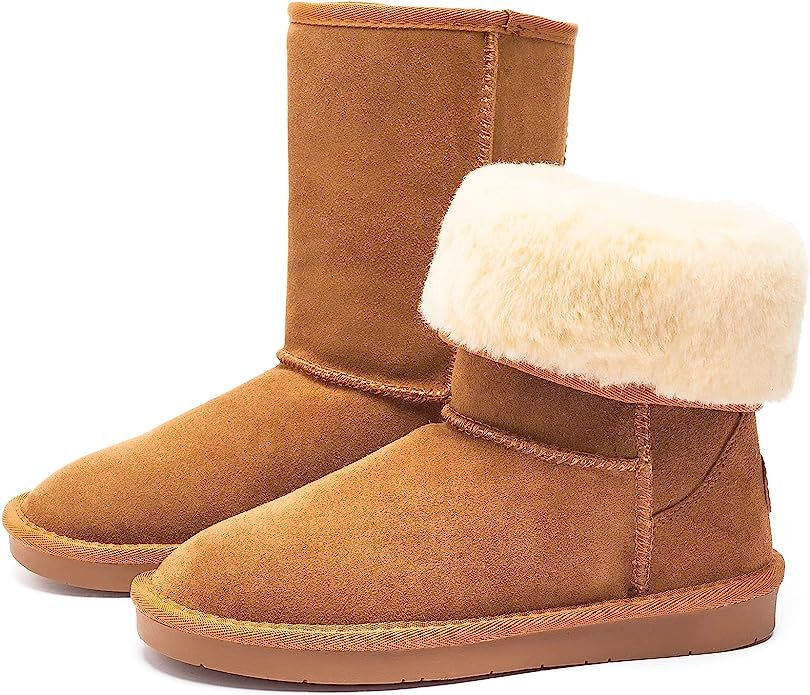 Women's Winter Snow Boots Warm Cow Suede Leather Mid Calf Boots Ankle Booties | Amazon (US)
