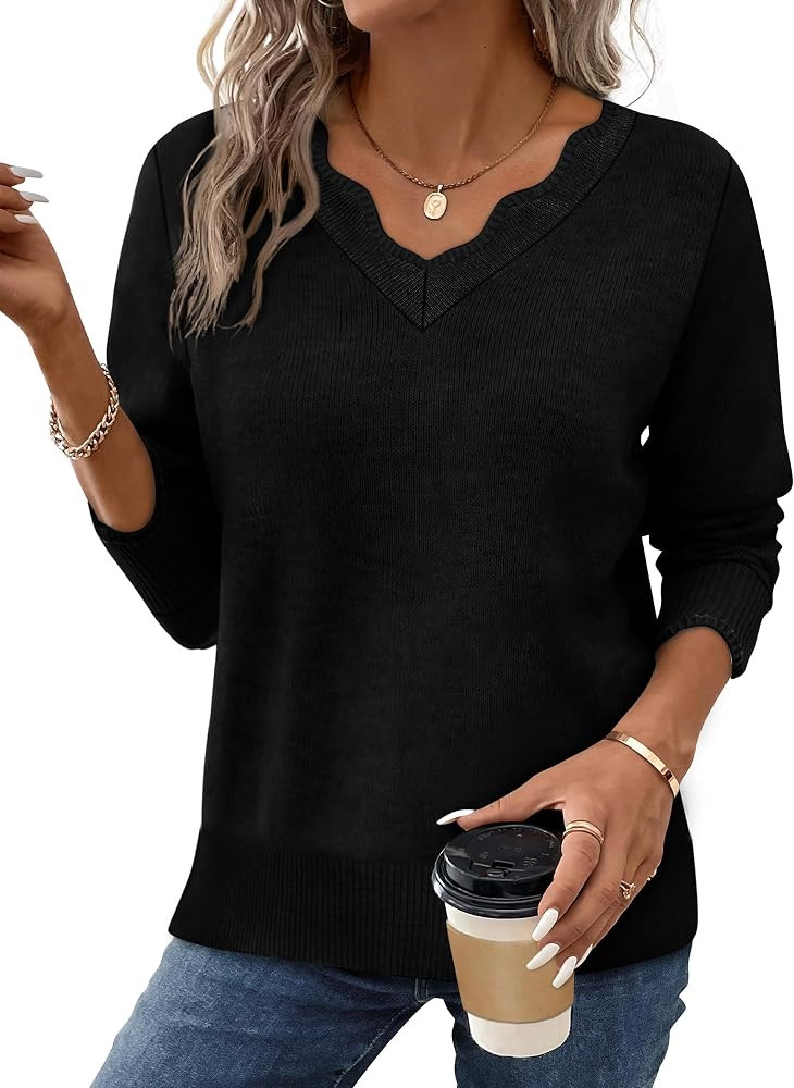 OFEEFAN Womens V Neck Sweaters Pullover Cozy Lightweight Sweaters Long Sleeve Tops Winter Clothin... | Amazon (US)