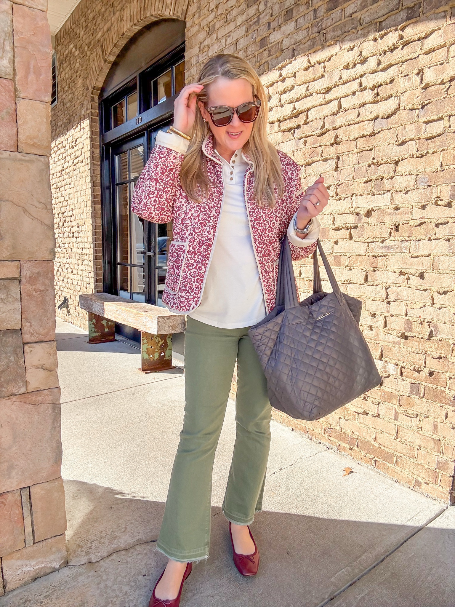 Easy outfit for work! Love these jeans with the kick flare and that they’re short enough to wear with flats or a heel. 

This quilted jacket has been on repeat since last fall and I can see wearing into spring! So easy to elevate any outfit with.l a pop of color and a fun floral pattern. 

Work wear, workwear, work outfits, casual Friday, preppy outfits, jeans, jean, jean outfits, 

#LTKStyleTip #LTKOver40 #LTKWorkwear