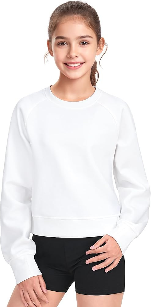 JOCMIC Girls Crewneck Sweatshirt, Long Sleeve Plain Shirts Crop Tops with Thumbholes for Teens Yo... | Amazon (US)