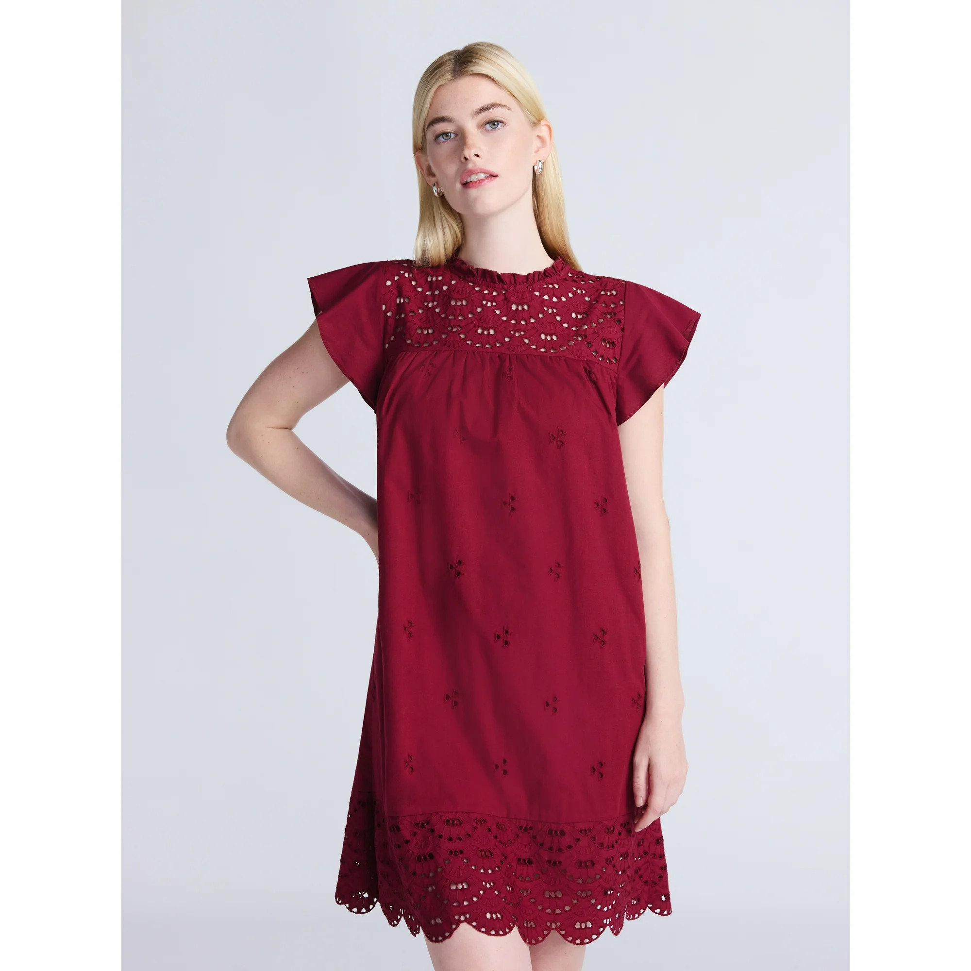 Time and Tru Women's Eyelet Mini Dress with Flutter Sleeves, Sizes XS-XXXL | Walmart (US)