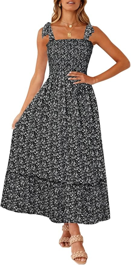 ZESICA Women's Boho Summer Floral Print Tie Straps Sleeveless Square Neck Smocked Flowy Ruffle A ... | Amazon (US)