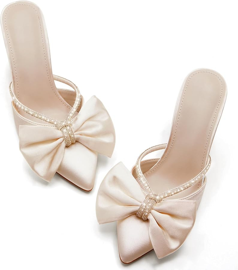 Coutgo Womens Closed Pointed Toe Heels Mules Bow Rhinestone Satin Slip On Backless Wedding Dress ... | Amazon (US)